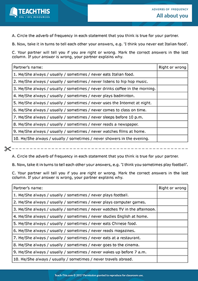 Frequency Adverbs Games Esl Activities Worksheets