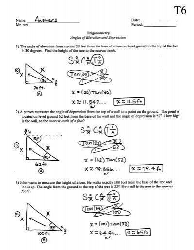 Angle Of Elevation And Depression Trig Worksheet Answers