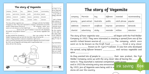 Vegemite Cloze Worksheet   Worksheet