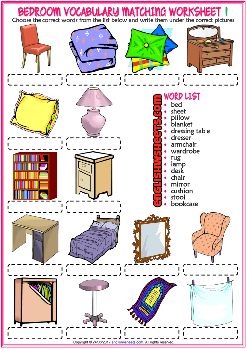 Bedroom Vocabulary Matching Exercise Worksheets For Kids