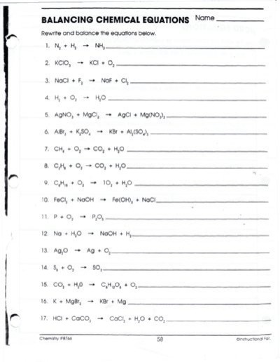 Printables Of Balancing Equations Worksheet Answers Instructional