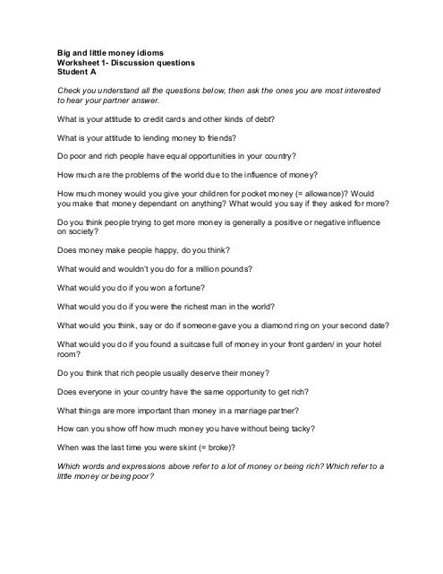 Big And Little Money Idioms Worksheet 1