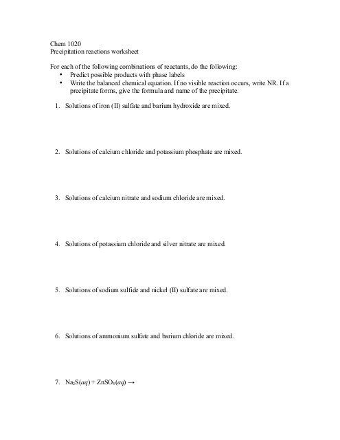Chem 1020 Precipitation Reactions Worksheet For Each Of The
