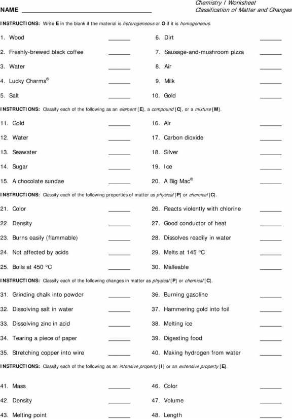 Chemistry I Worksheets Classification Of Matter And Changes