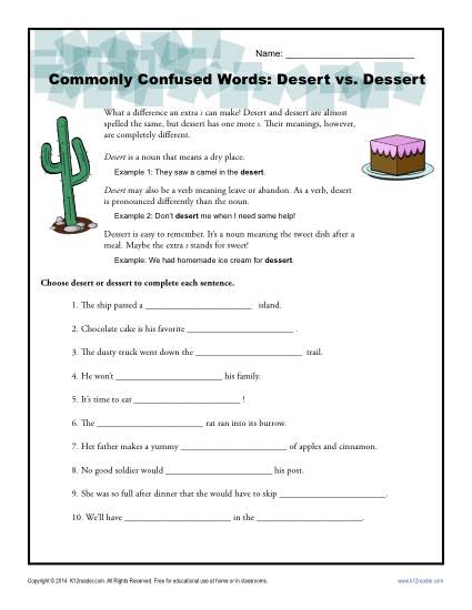Desert Vs  Dessert Worksheet