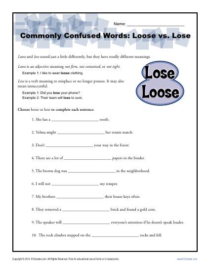 Loose Vs  Lose Worksheet