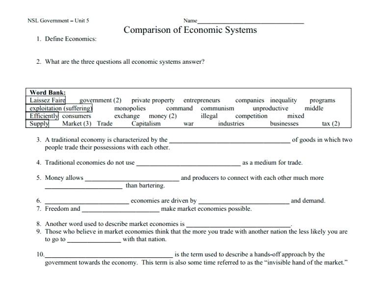 Comparing Economic Systems Worksheet Comparison Of Economic Free