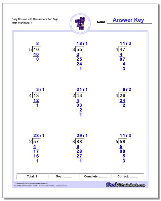 Long Division Worksheets  Division With Remainders