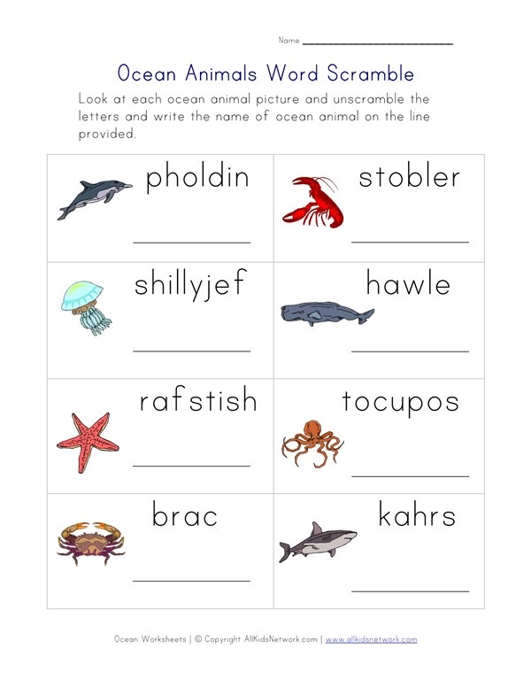 Ocean Animals Word Scramble Worksheet