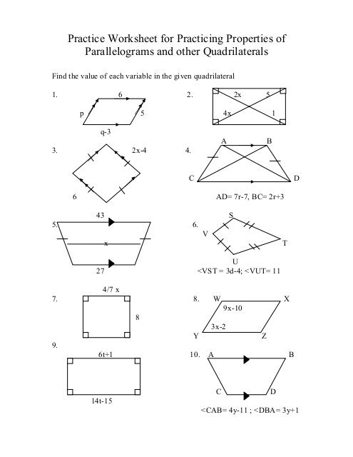 Practice Worksheet For Practicing Properties Of Parallelograms And