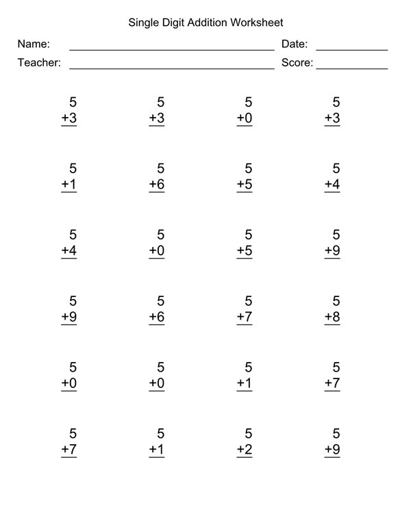 Single Digit Addition Worksheet With First Addend Of 5