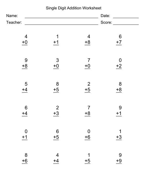 Single Digit Addition Worksheet