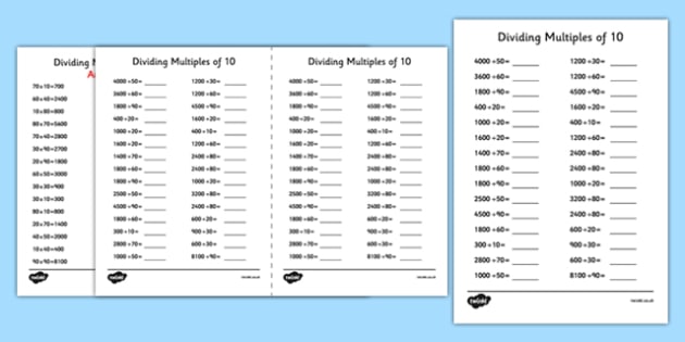 Dividing Multiples Of 10 Using Known Facts A5 Worksheet   Worksheet