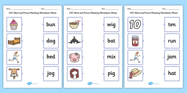 Cvc Word And Picture Matching Mixed Worksheets