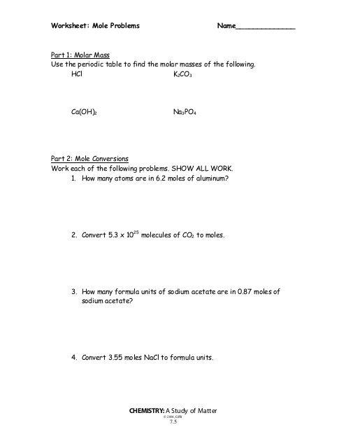 Worksheet  Mole Problems