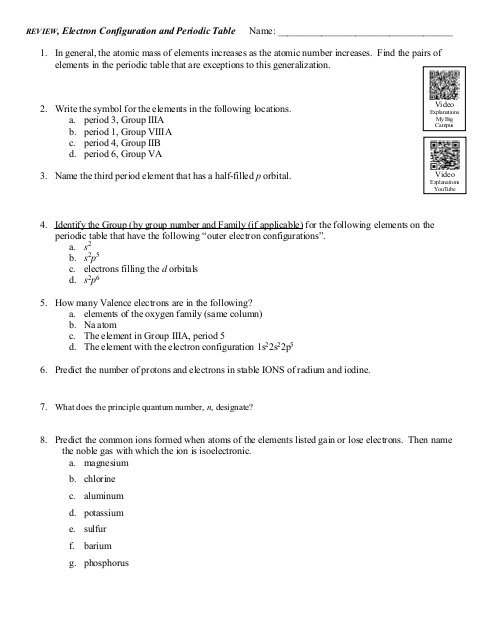 Worksheet, Periodic Table (chapter 6)
