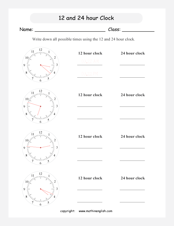 Math Time Worksheet For Grade 4 And 5 Students Based On The 12 And