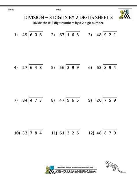 Free Printable Math Sheets Division 3 Digits By 2 Digits 3