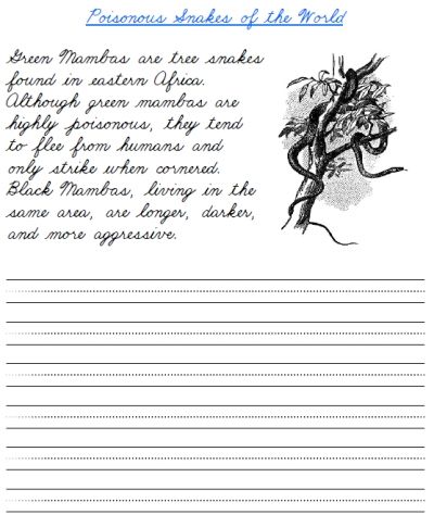 Free Printable Cursive Handwriting Worksheet On Green Mamba Snakes
