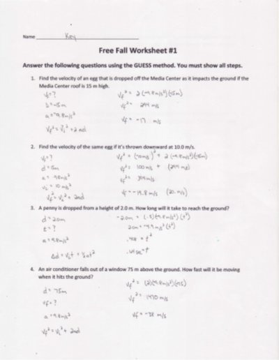 Free Fall Worksheet  1 Key