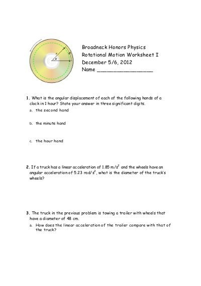 Broadneck Honors Physics Rotational Motion Worksheet I
