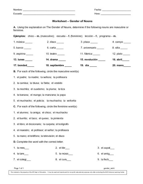 Gender Of Nouns Worksheet