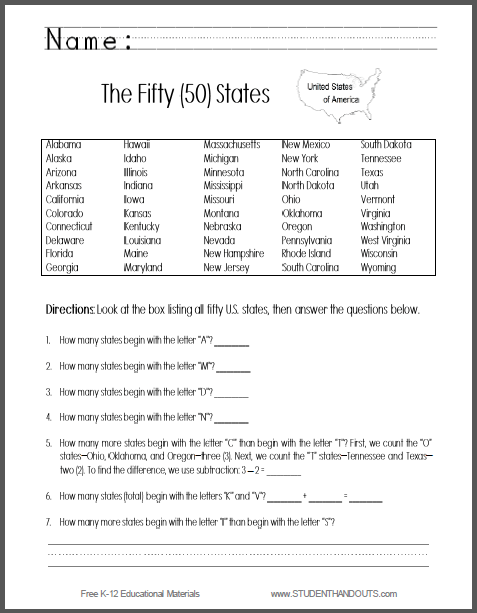 Fifty States Math And Geography Worksheet
