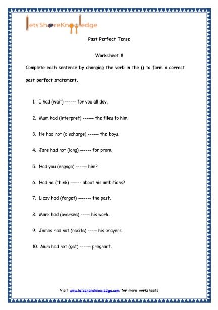 Grade 4 English Resources Printable Worksheets Topic  Past Perfect