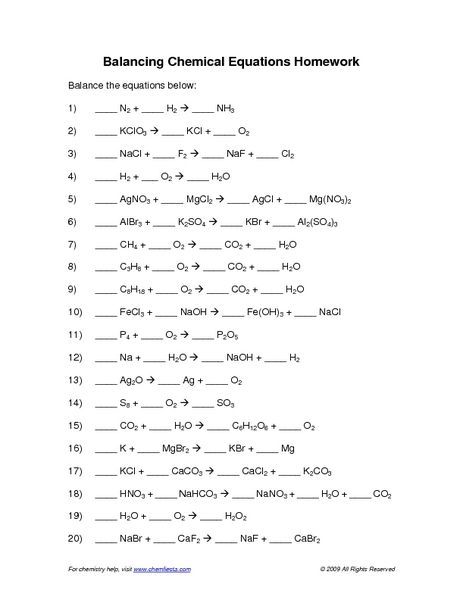 Worksheet For Balancing Chemical Equations