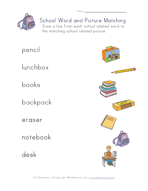 Back To School Matching Words To Pictures Worksheet