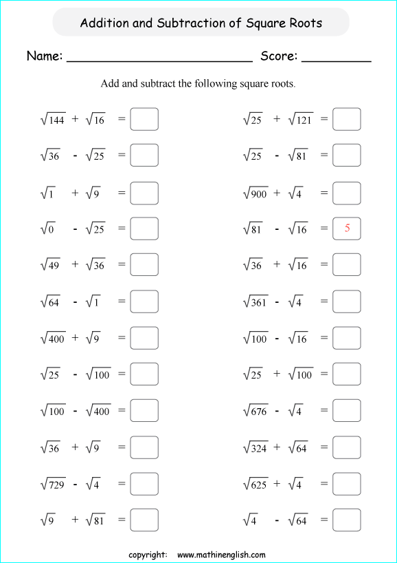 Add Or Subtract 2 Perfect Square Roots Math Worksheet Or Grade 6