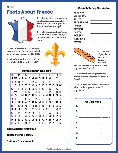 Free Printable Facts About France Geography Worksheet