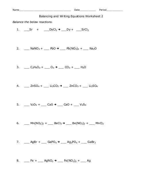 Balancing And Writing Equations Worksheet 2 Balance The Below
