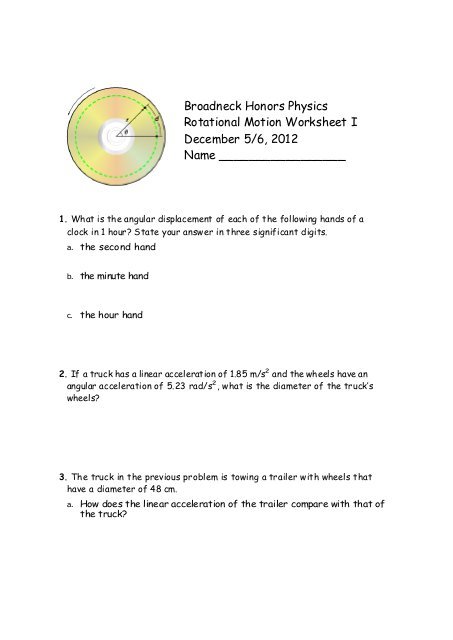 Broadneck Honors Physics Rotational Motion Worksheet I