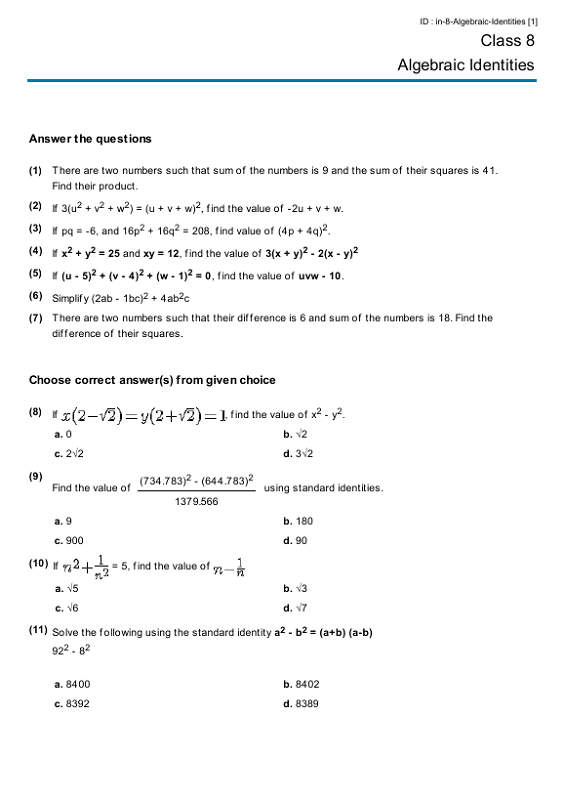 Printable Year 8 Math Worksheets Algebraic Identities