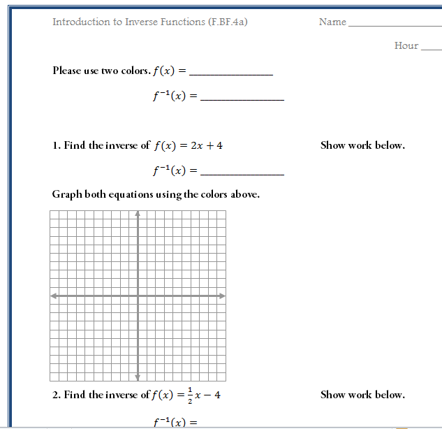 Free Worksheet To Introduce Inverse Functions  Common Core Math F