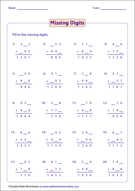 Find The Missing Digits  Three Digit Addition