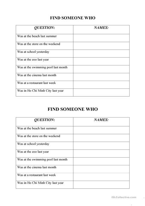 Find Someone Who Worksheet