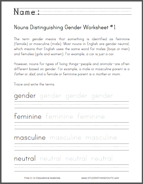 What Are Nouns Distinguishing Gender Worksheet