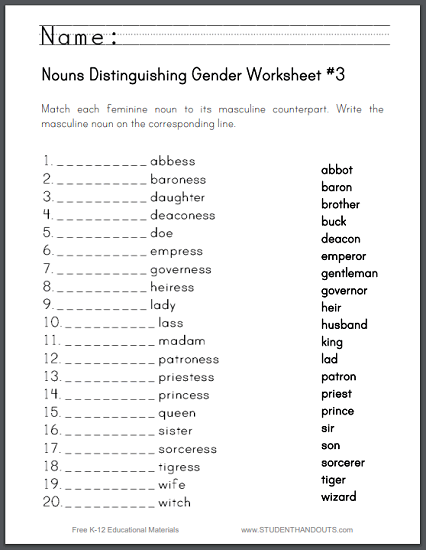 Nouns Distinguishing Gender Matching Worksheet