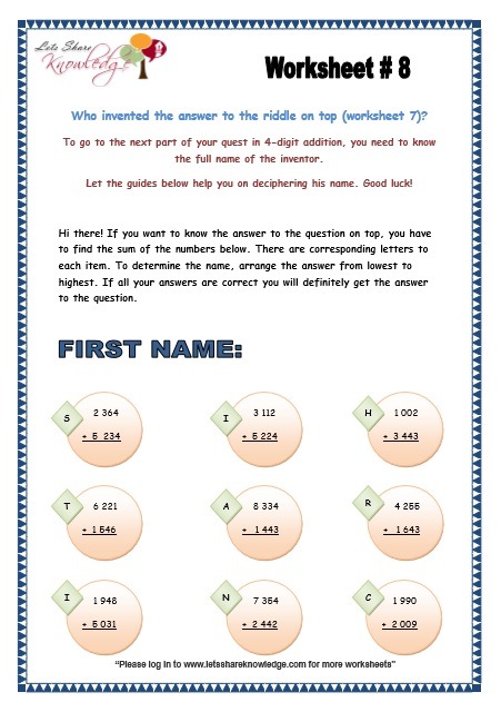 Grade 3 Maths Worksheets  Addition (3 1 Addition Of 4 Digit