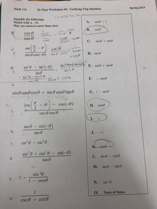 Solved  Math 114 In Class Worksheet Ws  Verifying Trig Ide