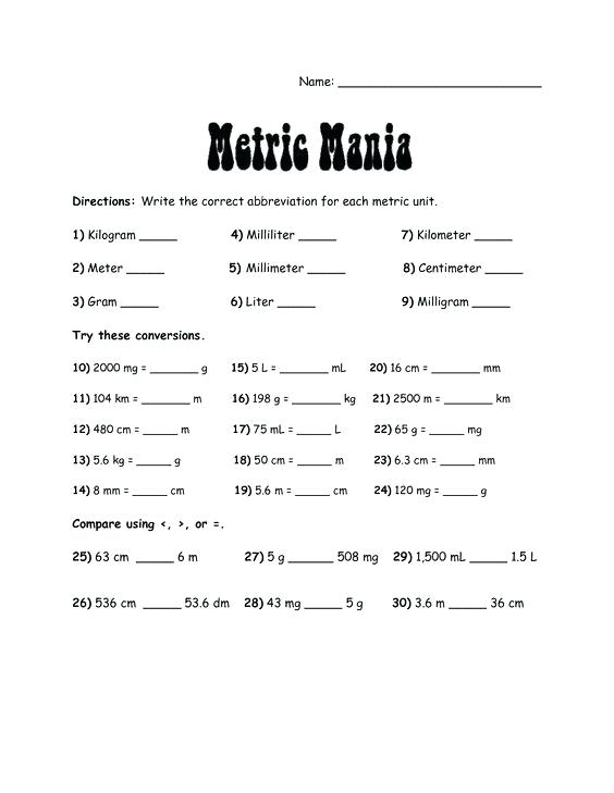 Metric System Charts Mania Conversions Worksheet Answers