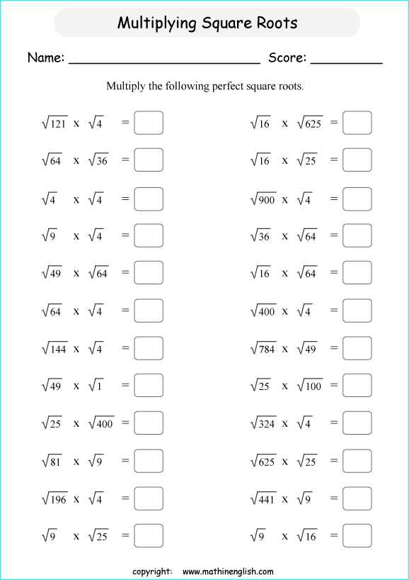 Multiply Perfect Square Roots By Square Roots Math Worksheet For