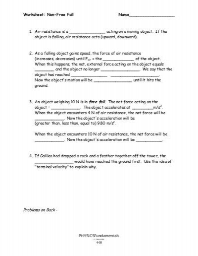 Free Fall Worksheet Physics Answers