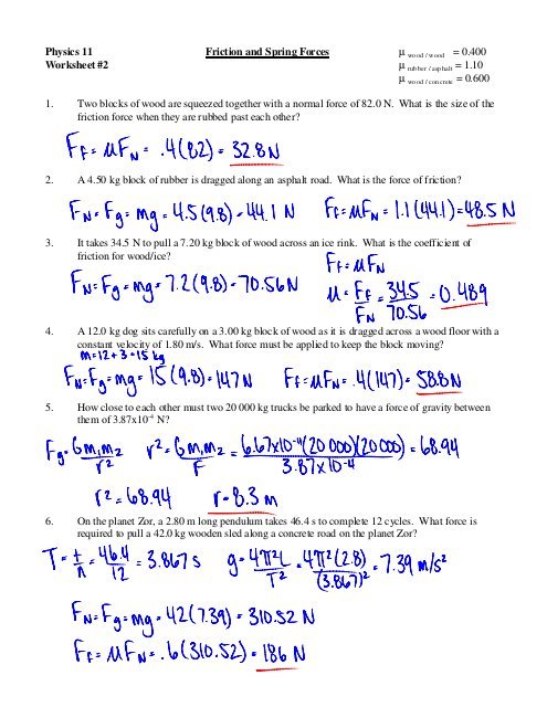 Physics 11 Friction And Spring Forces Worksheet  2 1  Two Blocks