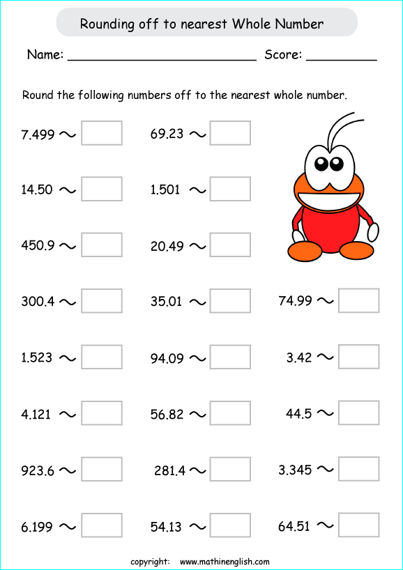 Round Decimals Off To The Nearest Whole Number Math Worksheet With