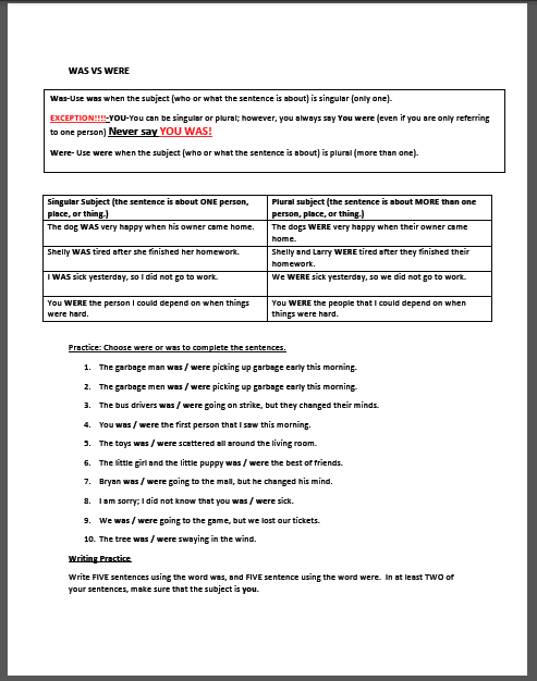 Free Things For Teachers  Grammar Worksheet  Was And Were