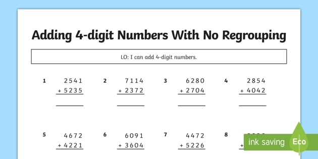 No Regrouping, Adding 4 Digit Numbers No Carrying