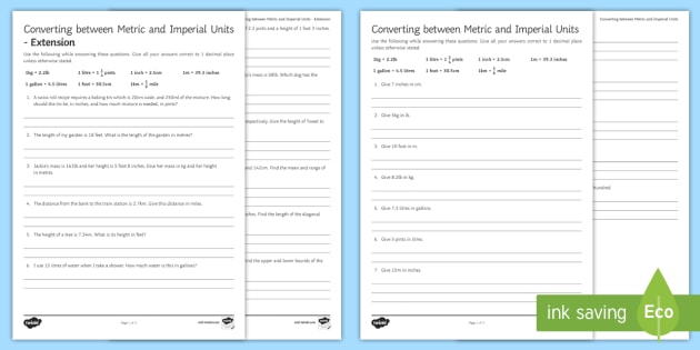 Metric To Imperial Conversion Worksheet